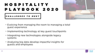 24
C H A L L E N G E S T O M E E T
• Evolving from managing the room to managing a total
guest experience
• Implementing technology at key guest touchpoints
• Integrating new technologies alongside legacy
systems
• Analyzing big data develop impactful insights for
guests and employees
H O S P I T A L I T Y
P L A Y B O O K 2 0 2 0
 