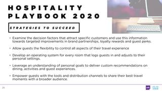 25
S T R A T E G I E S T O S U C C E E D
• Examine the decision factors that attract specific customers and use this information
towards targeted improvements in brand partnerships, loyalty rewards and guest perks.
• Allow guests the flexibility to control all aspects of their travel experience
• Develop an operating system for every room that logs guests in and adjusts to their
personal settings.
• Leverage an understanding of personal goals to deliver custom recommendations on
dining, activities and guest experiences.
• Empower guests with the tools and distribution channels to share their best travel
moments with a broader audience.
H O S P I T A L I T Y
P L A Y B O O K 2 0 2 0
 