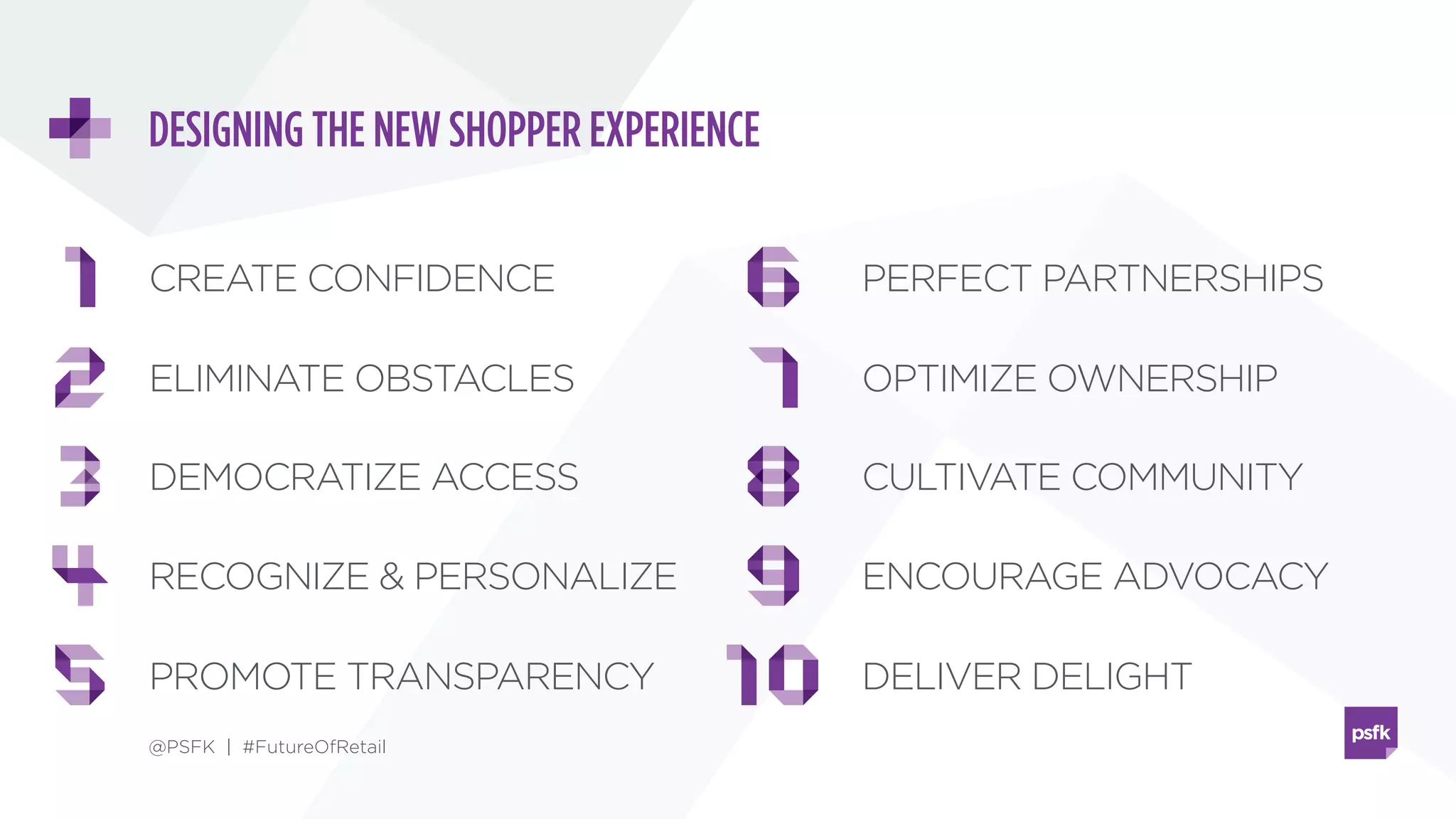 THE NEW SHOPPER EXPERIENCE
@PSFK | #FutureOfRetail
Winning the hearts and minds of today’s
shoppers can’t be accomplished with one-
off tactics, marketing campaigns or points-
based rewards. Instead brand and retailers
must develop a broader process that
considers the core needs of shoppers,
delivering utility, value and meaningful
interactions at every point along their
journey.
The graphic below visualizes four key stages
in the shopper experience lifecycle, showing
how the 10 pillars identified in our study
inform and build off one another to create a
comprehensive strategy for driving
increased engagement, repeat sales, word
of mouth and lifetime loyalty.
 
