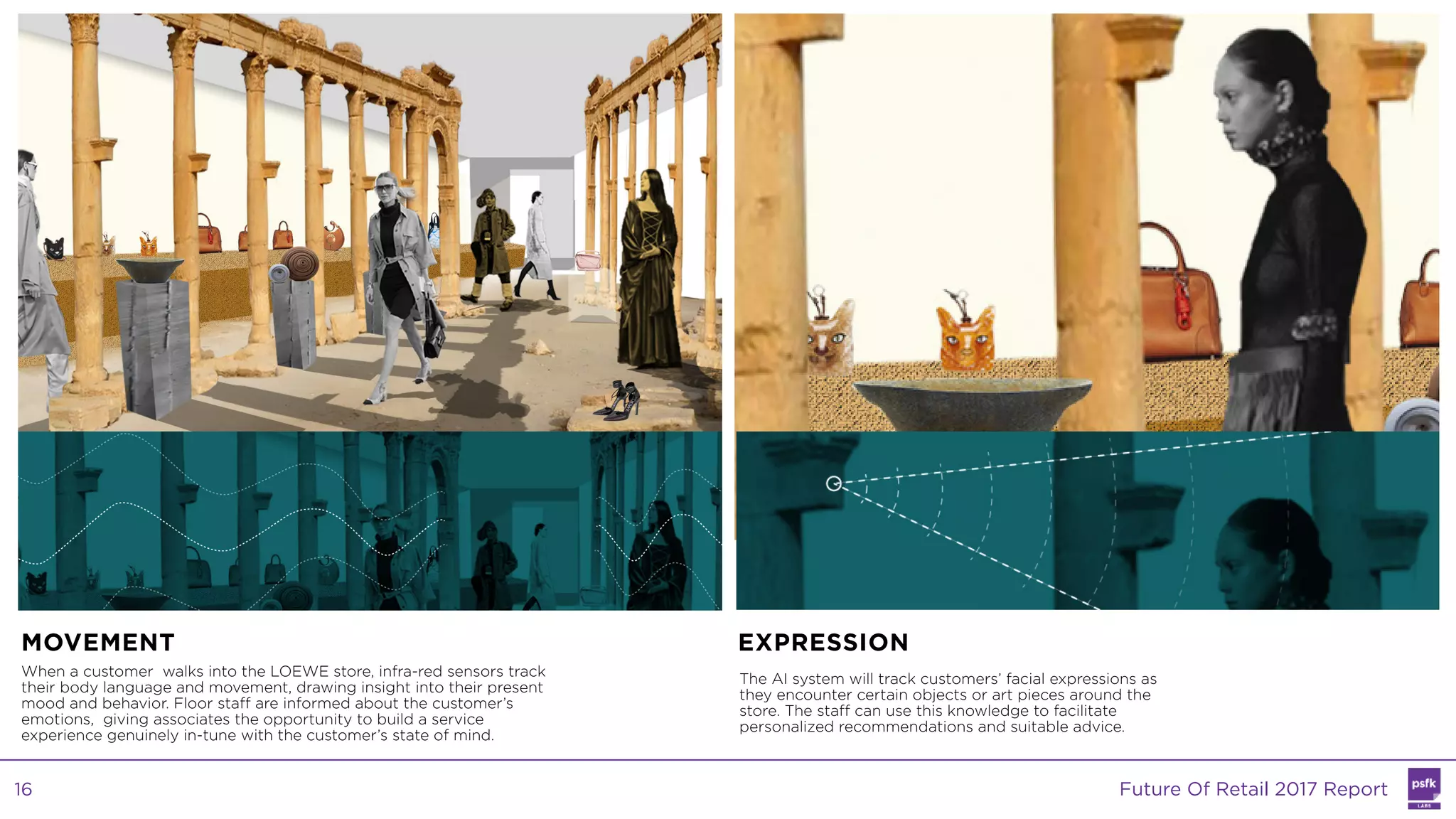 When a customer walks into the LOEWE store, infra-red sensors track
their body language and movement, drawing insight into their present
mood and behavior. Floor staff are informed about the customer’s
emotions, giving associates the opportunity to build a service
experience genuinely in-tune with the customer’s state of mind.
The AI system will track customers’ facial expressions as
they encounter certain objects or art pieces around the
store. The staff can use this knowledge to facilitate
personalized recommendations and suitable advice.
MOVEMENT EXPRESSION
Future Of Retail 2017 Report16
 