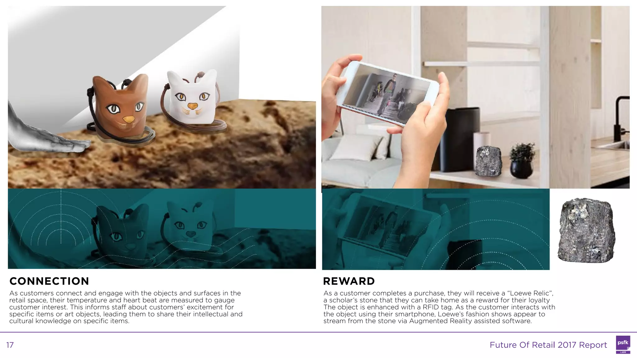 As customers connect and engage with the objects and surfaces in the
retail space, their temperature and heart beat are measured to gauge
customer interest. This informs staff about customers’ excitement for
specific items or art objects, leading them to share their intellectual and
cultural knowledge on specific items.
As a customer completes a purchase, they will receive a “Loewe Relic”,
a scholar’s stone that they can take home as a reward for their loyalty
The object is enhanced with a RFID tag. As the customer interacts with
the object using their smartphone, Loewe’s fashion shows appear to
stream from the stone via Augmented Reality assisted software.
CONNECTION REWARD
Future Of Retail 2017 Report17
 