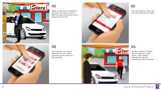 While a customer is waiting at
the pump for their car to be
filled up, they realize they want
something to drink.
The customer opens the
Delivered To Your Pump
app and selects products
for purchase.
They add them to their cart
and complete the purchase.
01
02
03
04
As the customer finishes
their transaction at the
pump, a gas station
attendee brings the
purchases to the customer.
Future Of Retail 2017 Report19
 