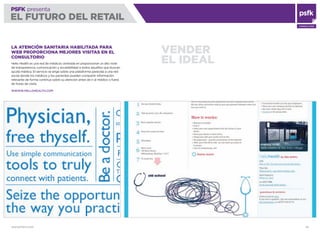 WWW.PSFK.COM 36
PSFK presenta
EL FUTURO DEL RETAIL
CONSULTING
VENDER
EL IDEAL
LA ATENCIÓN SANITARIA HABILITADA PARA
WEB PROPORCIONA MEJORES VISITAS EN EL
CONSULTORIO
Hello Health es una red de médicos centrada en proporcionar un alto nivel
de transparencia, comunicación y accesibilidad a todos aquellos que buscan
ayuda médica. El servicio se erige sobre una plataforma parecida a una red
social donde los médicos y los pacientes pueden compartir información
relevante de forma continua sobre su atención antes de ir al médico o fuera
de horas de visita.
WWWW.HELLOHEALTH.COM
 