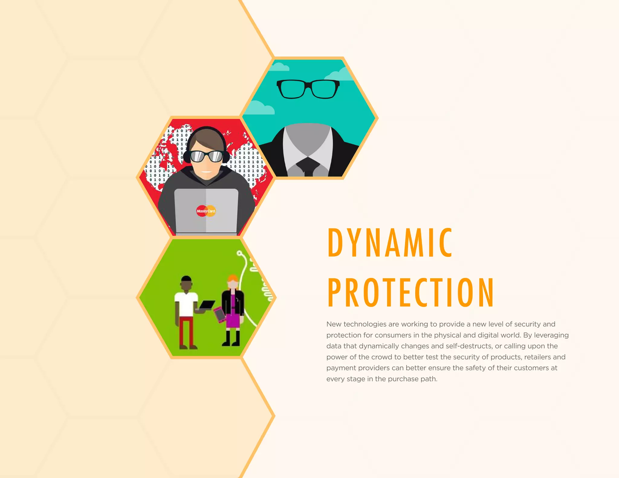 DYNAMIC
PROTECTION
New technologies are working to provide a new level of security and
protection for consumers in the physical and digital world. By leveraging
data that dynamically changes and self-destructs, or calling upon the
power of the crowd to better test the security of products, retailers and
payment providers can better ensure the safety of their customers at
every stage in the purchase path.
 