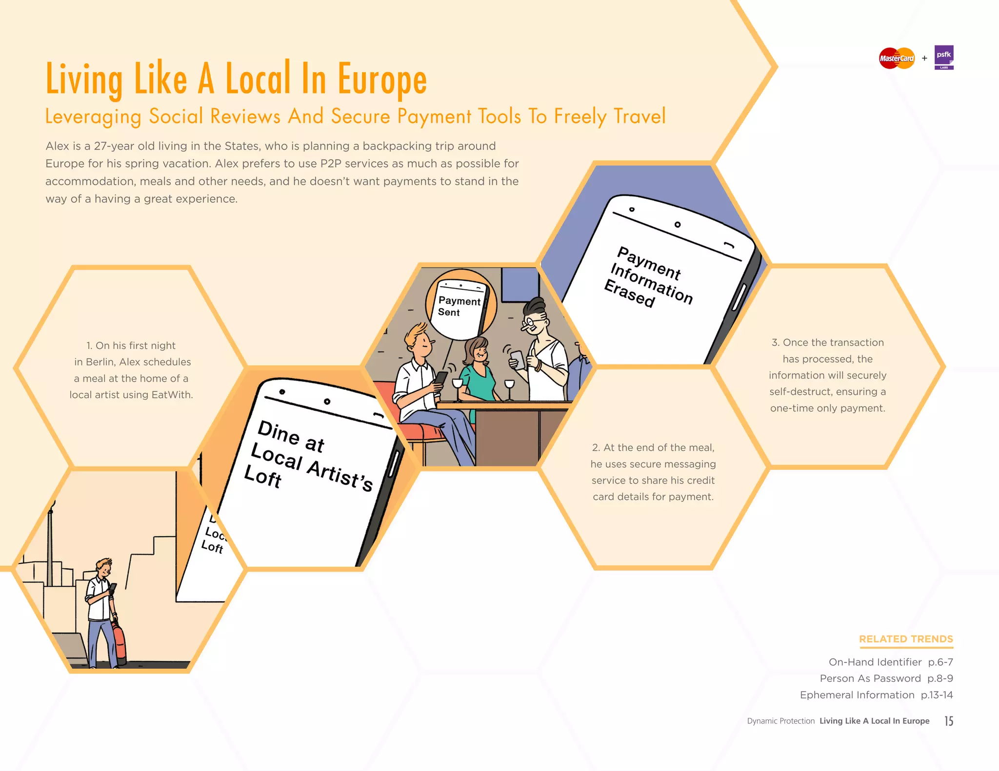 15
+
LABS
Alex is a 27-year old living in the States, who is planning a backpacking trip around
Europe for his spring vacation. Alex prefers to use P2P services as much as possible for
accommodation, meals and other needs, and he doesn’t want payments to stand in the
way of a having a great experience.
RELATED TRENDS
On-Hand Identifier p.6-7
Person As Password p.8-9
Ephemeral Information p.13-14
2. At the end of the meal,
he uses secure messaging
service to share his credit
card details for payment.
1. On his first night
in Berlin, Alex schedules
a meal at the home of a
local artist using EatWith.
3. Once the transaction
has processed, the
information will securely
self-destruct, ensuring a
one-time only payment.
Dynamic Protection Living Like A Local In Europe
Living Like A Local In Europe
Leveraging Social Reviews And Secure Payment Tools To Freely Travel
 