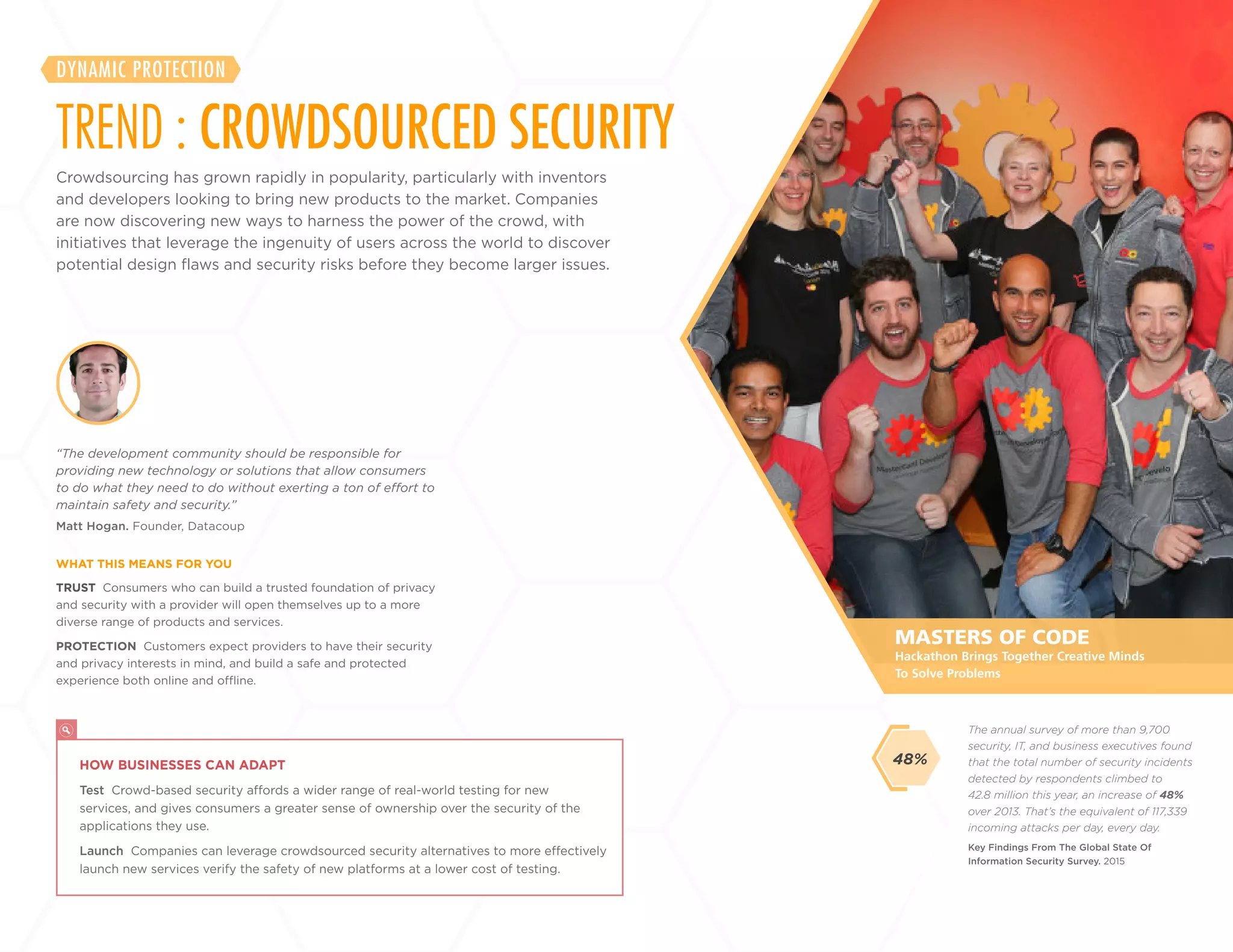 19
+
LABS
TRUST Consumers who can build a trusted foundation of privacy
and security with a provider will open themselves up to a more
diverse range of products and services.
PROTECTION Customers expect providers to have their security
and privacy interests in mind, and build a safe and protected
experience both online and offline.
Matt Hogan. Founder, Datacoup
“The development community should be responsible for
providing new technology or solutions that allow consumers
to do what they need to do without exerting a ton of effort to
maintain safety and security.”
WHAT THIS MEANS FOR YOU
The annual survey of more than 9,700
security, IT, and business executives found
that the total number of security incidents
detected by respondents climbed to
42.8 million this year, an increase of 48%
over 2013. That’s the equivalent of 117,339
incoming attacks per day, every day.
Key Findings From The Global State Of
Information Security Survey. 2015
MASTERS OF CODE
HOW BUSINESSES CAN ADAPT
Test Crowd-based security affords a wider range of real-world testing for new
services, and gives consumers a greater sense of ownership over the security of the
applications they use.
Launch Companies can leverage crowdsourced security alternatives to more effectively
launch new services verify the safety of new platforms at a lower cost of testing.
Hackathon Brings Together Creative Minds
To Solve Problems
48%
Crowdsourcing has grown rapidly in popularity, particularly with inventors
and developers looking to bring new products to the market. Companies
are now discovering new ways to harness the power of the crowd, with
initiatives that leverage the ingenuity of users across the world to discover
potential design flaws and security risks before they become larger issues.
TREND : CROWDSOURCED SECURITY
DYNAMIC PROTECTION
 