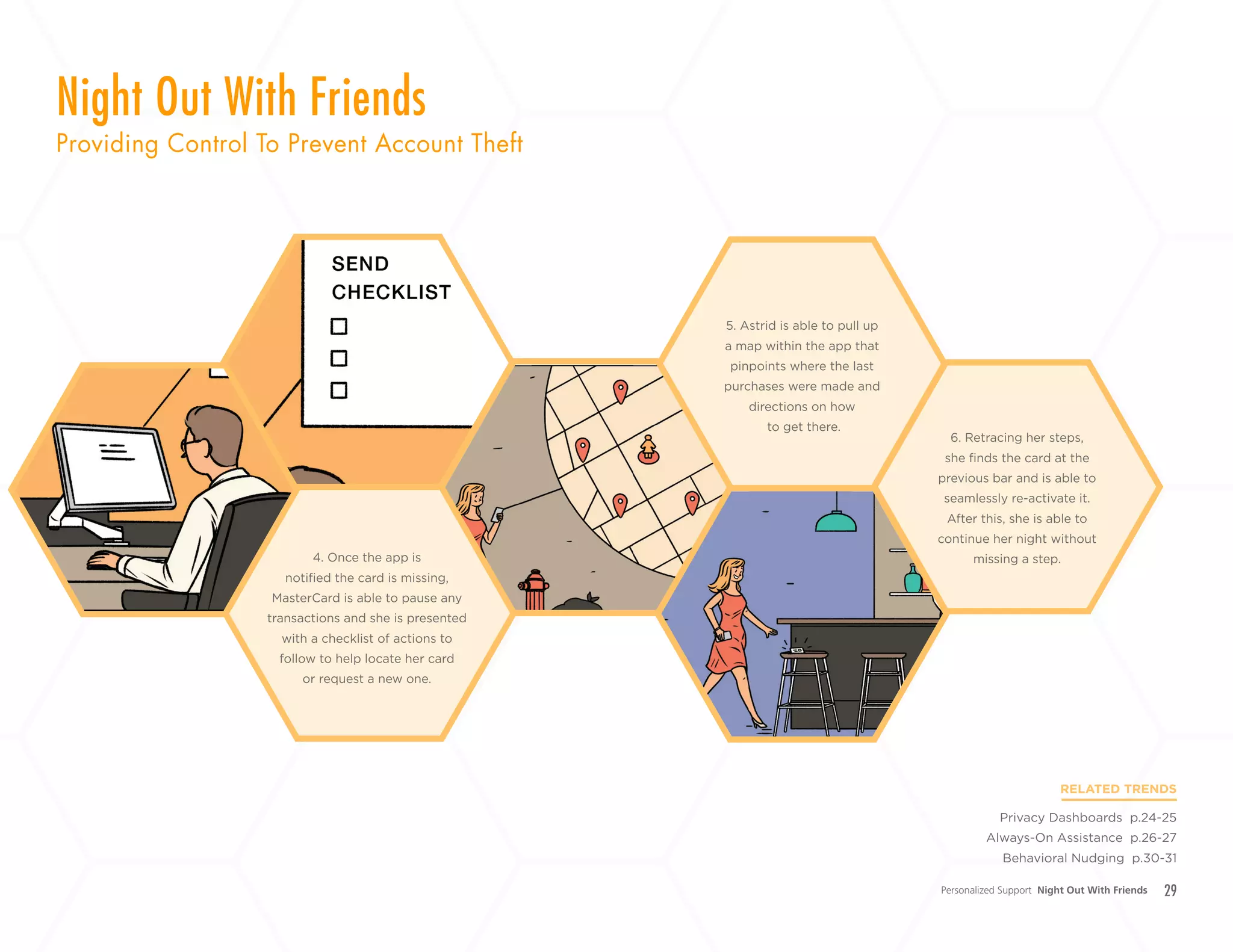 29
4. Once the app is
notified the card is missing,
MasterCard is able to pause any
transactions and she is presented
with a checklist of actions to
follow to help locate her card
or request a new one.
5. Astrid is able to pull up
a map within the app that
pinpoints where the last
purchases were made and
directions on how
to get there.
6. Retracing her steps,
she finds the card at the
previous bar and is able to
seamlessly re-activate it.
After this, she is able to
continue her night without
missing a step.
Personalized Support Night Out With Friends
Night Out With Friends
Providing Control To Prevent Account Theft
RELATED TRENDS
Privacy Dashboards p.24-25
Always-On Assistance p.26-27
Behavioral Nudging p.30-31
+
LABS
 