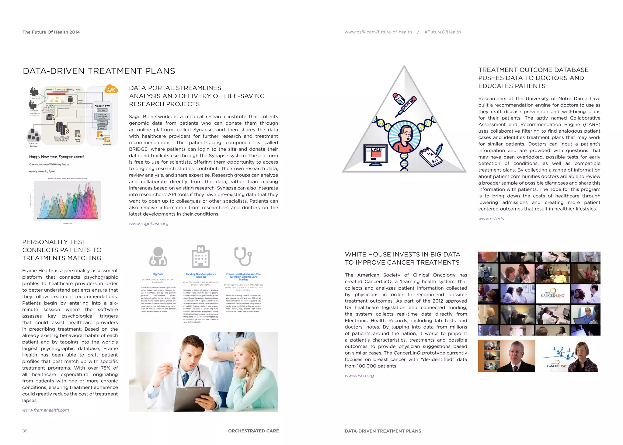 www.psfk.com/future-of-health / #FutureOfHealthThe Future Of Health 2014
35
TREATMENT OUTCOME DATABASE
PUSHES DATA TO DOCTORS AND
EDUCATES PATIENTS
Researchers at the University of Notre Dame have
built a recommendation engine for doctors to use as
they craft disease prevention and well-being plans
for their patients. The aptly named Collaborative
Assessment and Recommendation Engine (CARE)
uses collaborative ﬁltering to ﬁnd analogous patient
cases and identiﬁes treatment plans that may work
for similar patients. Doctors can input a patient’s
information and are provided with questions that
may have been overlooked, possible tests for early
detection of conditions, as well as compatible
treatment plans. By collecting a range of information
about patient communities doctors are able to review
a broader sample of possible diagnoses and share this
information with patients. The hope for this program
is to bring down the costs of healthcare through
lowering admissions and creating more patient
centered outcomes that result in healthier lifestyles.
www.nd.edu
WHITE HOUSE INVESTS IN BIG DATA
TO IMPROVE CANCER TREATMENTS
The American Society of Clinical Oncology has
created CancerLinQ, a ‘learning health system’ that
collects and analyzes patient information collected
by physicians in order to recommend possible
treatment outcomes. As part of the 2012 approved
US healthcare legislation and connected funding,
the system collects real-time data directly from
Electronic Health Records, including lab tests and
doctors’ notes. By tapping into data from millions
of patients around the nation, it works to pinpoint
a patient’s characteristics, treatments and possible
outcomes to provide physician suggestions based
on similar cases. The CancerLinQ prototype currently
focuses on breast cancer with “de-identiﬁed” data
from 100,000 patients.
www.asco.org
DATA-DRIVEN TREATMENT PLANS
DATA PORTAL STREAMLINES
ANALYSIS AND DELIVERY OF LIFE-SAVING
RESEARCH PROJECTS
Sage Bionetworks is a medical research institute that collects
genomic data from patients who can donate them through
an online platform, called Synapse, and then shares the data
with healthcare providers for further research and treatment
recommendations. The patient-facing component is called
BRIDGE, where patients can login to the site and donate their
data and track its use through the Synapse system. The platform
is free to use for scientists, offering them opportunity to access
to ongoing research studies, contribute their own research data,
review analysis, and share expertise. Research groups can analyze
and collaborate directly from the data, rather than making
inferences based on existing research. Synapse can also integrate
into researchers’ API tools if they have pre-existing data that they
want to open up to colleagues or other specialists. Patients can
also receive information from researchers and doctors on the
latest developments in their conditions.
www.sagebase.org
PERSONALITY TEST
CONNECTS PATIENTS TO
TREATMENTS MATCHING
Frame Health is a personality assessment
platform that connects psychographic
proﬁles to healthcare providers in order
to better understand patients ensure that
they follow treatment recommendations.
Patients begin by entering into a six-
minute session where the software
assesses key psychological triggers
that could assist healthcare providers
in prescribing treatment. Based on the
already existing behavioral habits of each
patient and by tapping into the world’s
largest psychographic database, Frame
Health has been able to craft patient
proﬁles that best match up with speciﬁc
treatment programs. With over 75% of
all healthcare expenditure originating
from patients with one or more chronic
conditions, ensuring treatment adherence
could greatly reduce the cost of treatment
lapses.
www.framehealth.com
ORCHESTRATED CARE
DATA-DRIVEN TREATMENT PLANS
 