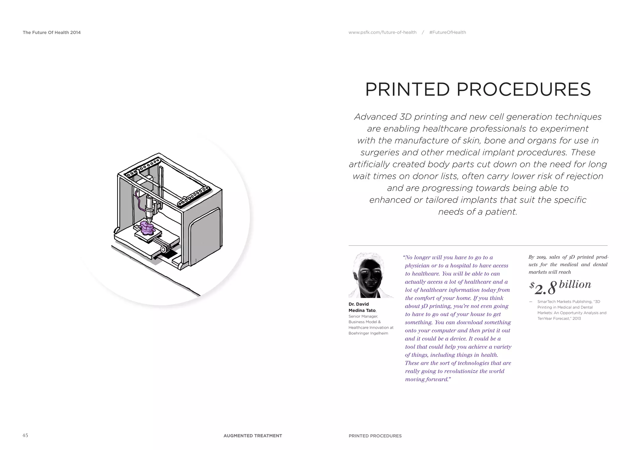 www.psfk.com/future-of-health / #FutureOfHealthThe Future Of Health 2014
45
PRINTED PROCEDURES
“No longer will you have to go to a
physician or to a hospital to have access
to healthcare. You will be able to can
actually access a lot of healthcare and a
lot of healthcare information today from
the comfort of your home. If you think
about 3D printing, you’re not even going
to have to go out of your house to get
something. You can download something
onto your computer and then print it out
and it could be a device. It could be a
tool that could help you achieve a variety
of things, including things in health.
These are the sort of technologies that are
really going to revolutionize the world
moving forward.”
Dr. David
Medina Tato,
Senior Manager,
Business Model &
Healthcare Innovation at
Boehringer Ingelheim
Advanced 3D printing and new cell generation techniques
are enabling healthcare professionals to experiment
with the manufacture of skin, bone and organs for use in
surgeries and other medical implant procedures. These
artificially created body parts cut down on the need for long
wait times on donor lists, often carry lower risk of rejection
and are progressing towards being able to
enhanced or tailored implants that suit the specific
needs of a patient.
By 2019, sales of 3D printed prod-
ucts for the medical and dental
markets will reach
— SmarTech Markets Publishing, “3D
Printing in Medical and Dental
Markets: An Opportunity Analysis and
TenYear Forecast,” 2013
$
2.8 billion
PRINTED PROCEDURESAUGMENTED TREATMENT
 