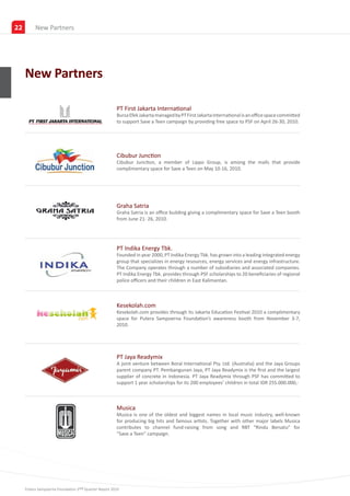 22        New Partners




     New Partners

                                                      PT First Jakarta International
                                                      Bursa Efek Jakarta managed by PT First Jakarta International is an office space committed
                                                      to support Save a Teen campaign by providing free space to PSF on April 26-30, 2010.




                                                      Cibubur Junction
                                                      Cibubur Junction, a member of Lippo Group, is among the malls that provide
                                                      complimentary space for Save a Teen on May 10-16, 2010.




                                                      Graha Satria
                                                      Graha Satria is an office building giving a complimentary space for Save a Teen booth
                                                      from June 21- 26, 2010.




                                                      PT Indika Energy Tbk.
                                                      Founded in year 2000, PT Indika Energy Tbk. has grown into a leading integrated energy
                                                      group that specializes in energy resources, energy services and energy infrastructure.
                                                      The Company operates through a number of subsidiaries and associated companies.
                                                      PT Indika Energy Tbk. provides through PSF scholarships to 20 beneficiaries of regional
                                                      police officers and their children in East Kalimantan.



                                                      Kesekolah.com
                                                      Kesekolah.com provides through its Jakarta Education Festival 2010 a complimentary
                                                      space for Putera Sampoerna Foundation’s awareness booth from November 3-7,
                                                      2010.




                                                      PT Jaya Readymix
                                                      A joint venture between Boral International Pty. Ltd. (Australia) and the Jaya Groups
                                                      parent company PT. Pembangunan Jaya, PT Jaya Readymix is the first and the largest
                                                      supplier of concrete in Indonesia. PT Jaya Readymix through PSF has committed to
                                                      support 1 year scholarships for its 200 employees’ children in total IDR 255.000.000,-



                                                      Musica
                                                      Musica is one of the oldest and biggest names in local music industry, well-known
                                                      for producing big hits and famous artists. Together with other major labels Musica
                                                      contributes to channel fund-raising from song and RBT “Rindu Bersatu” for
                                                      “Save a Teen” campaign.




     Putera Sampoerna Foundation 2nd Quarter Report 2010
 