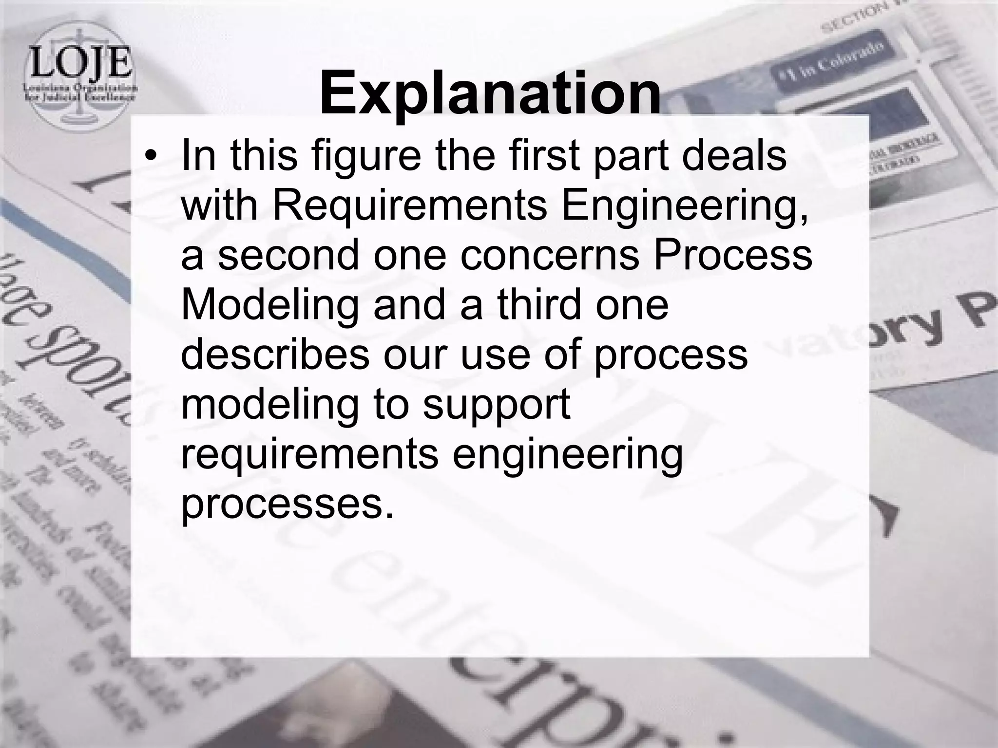 In this figure the first part deals with Requirements Engineering, a second one concerns Process Modeling and a third one describes our use of process modeling to support requirements engineering processes. Explanation  