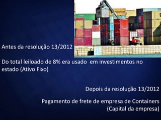 Antes da resolução 13/2012
Do total leiloado de 8% era usado em investimentos no
estado (Ativo Fixo)
Depois da resolução 13/2012
Pagamento de frete de empresa de Containers
(Capital da empresa)
 