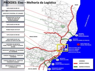 MINAS GERAIS
RIO DE JANEIRO
BAHIA
PRESIDENTE KENNEDY
(PORTO CENTRAL)
ITAPEMIRIM
(PORTO EDISON CHOUEST)
ANCHIETA
(PORTO DE UBÚ)
ARACRUZ
(PORTO DE BARRA DO RIACHO)
LINHARES
(PORTO DE
REGÊNCIA/MANABI)
PORTO DE PRAIA MOLE
PORTO DE TUBARÃO
PORTO DE VITÓRIA
PORTO DE VILA VELHA
REABILITAÇÃO DA ES 257
DUPLICAÇÃO DA BR 259
AEROPORTO REGIONAL DE LINHARES
DUPLICAÇÃO DA ES 146
ACESSO AO PORTO DE UBÚ
DUPLICAÇÃO DA BR-262
DUPLICAÇÃO DA BR-101
CONTORNO DE ANCHIETA,
PIÚMA, ITAIPAVA, ITAÓCA E ACESSOS
(ES 060)
PAVIMENTAÇÃO DA ES-440
ACESSO AO PORTO DE
REGÊNCIA/MANABI
IMPLANTAÇÃO DA FERROVIA
LITORÂNEA-SUL
AEROPORTO REGIONAL DE CACHOEIRO
DE ITAPEMIRIM
LIGAÇÃO VIÁRIA BR 101 – PORTO DE
ITAPEMIRIM
LIGAÇÃO VIÁRIA BR 101 – PORTO DE
PRESIDENTE KENNEDY
PROEDES: Eixo – Melhoria da Logística
LEGENDA:
AGENDA FEDERAL
AGENDA ESTADUAL
NOVO PORTO DE
ÁGUAS PROFUNDAS
 