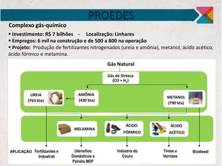 Complexo gás-químico
 Investimento: R$ 7 bilhões - Localização: Linhares
 Empregos: 6 mil na construção e de 500 a 800 na operação
 Projeto: Produção de fertilizantes nitrogenados (ureia e amônia), metanol, ácido acético,
ácido fórmico e melamina.
Fertilizantes e
Industrial
Tintas e
Vernizes
Indústria do
Couro
APLICAÇÃO BiodieselUtensílios
Domésticos e
Painéis MDF
Gás de Síntese
(CO + H2)
Gás Natural
AMÔNIA
(430 kta)
ÁCIDO
ACÉTICO
METANOL
(790 kta)
ÁCIDO
FÓRMICO
UREIA
(763 kta)
MELAMINA
PROEDES
 