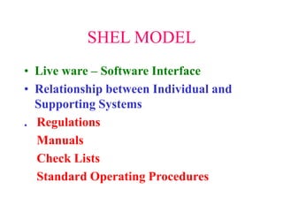 SHEL MODEL
• Live ware – Software Interface
• Relationship between Individual and
Supporting Systems
. Regulations
Manuals
Check Lists
Standard Operating Procedures
 