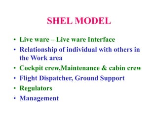 SHEL MODEL
• Live ware – Live ware Interface
• Relationship of individual with others in
the Work area
• Cockpit crew,Maintenance & cabin crew
• Flight Dispatcher, Ground Support
• Regulators
• Management
 