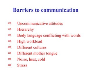 Barriers to communication
 Uncommunicative attitudes
 Hierarchy
 Body language conflicting with words
 High workload
 Different cultures
 Different mother tongue
 Noise, heat, cold
 Stress
 