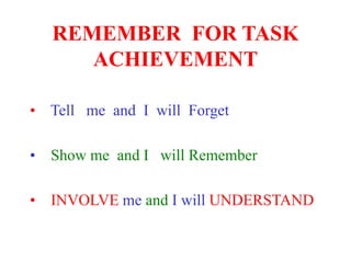 REMEMBER FOR TASK
ACHIEVEMENT
• Tell me and I will Forget
• Show me and I will Remember
• INVOLVE me and I will UNDERSTAND
 