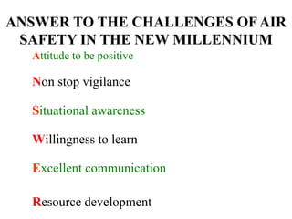 ANSWER TO THE CHALLENGES OF AIR
SAFETY IN THE NEW MILLENNIUM
Attitude to be positive
Non stop vigilance
Situational awareness
Willingness to learn
Excellent communication
Resource development
 