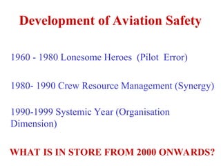 Development of Aviation Safety
1960 - 1980 Lonesome Heroes (Pilot Error)
1980- 1990 Crew Resource Management (Synergy)
1990-1999 Systemic Year (Organisation
Dimension)
WHAT IS IN STORE FROM 2000 ONWARDS?
 