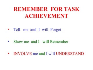 REMEMBER FOR TASK
ACHIEVEMENT
• Tell me and I will Forget
• Show me and I will Remember
• INVOLVE me and I will UNDERSTAND
 