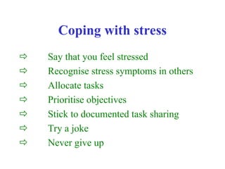 Coping with stress
 Say that you feel stressed
 Recognise stress symptoms in others
 Allocate tasks
 Prioritise objectives
 Stick to documented task sharing
 Try a joke
 Never give up
 