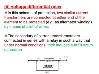 (ii) voltage differential relay
In this scheme of protection, two similar current
transformers are connected at either end of the
element to be protected (e.g. an alternator winding)
by means of pilot of wires.
The secondary of current transformers are
connected in series with a relay in such a way that
under normal conditions, their induced e.m.f’s are in
opposition
 