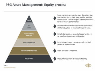 Page 9
Fund mangers can exercise own discretion, but
use the Buy List as their main tool for portfolio
construction. Fund managers take responsibility
for their fund’s performance.
PSG Asset Management: Equity process
FUNDS
BUY
LISTS
FUNDAMENTAL
ANALYSIS
IDEA GENERATION
INVESTMENT UNIVERSE
PHILOSOPHY Moat, Management & Margin of Safety
Local & Global Companies.
Proprietary screens, company results to find
potential opportunities.
Detailed analysis on potential opportunities in
terms of our investment philosophy.
Investment Committee determines domestic &
offshore buy lists by means of majority vote.
 