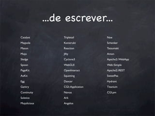 ...de escrever...
Catalyst

Tripletail

Noe

Maypole

Konstrukt

Schenker

Mason

Reaction

Tatsumaki

Mojo

Jifty

Amon

Sledge

Cyclone3

Apache2::WebApp

Spoon

WebGUI

Web::Simple

PageKit

OpenInteract

Apache2::REST

AxKit

Squatting

SweetPea

Egg

Dancer

Hydrant

Gantry

CGI::Application

Titanium

Continuity

Nanoa

CGI.pm

Solstice

Ark

Mojolicious

Angelos

 
