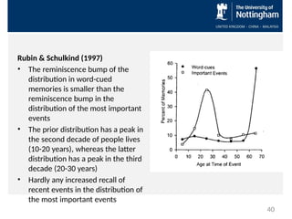Rubin & Schulkind (1997)
• The reminiscence bump of the
distribution in word-cued
memories is smaller than the
reminiscence bump in the
distribution of the most important
events
• The prior distribution has a peak in
the second decade of people lives
(10-20 years), whereas the latter
distribution has a peak in the third
decade (20-30 years)
• Hardly any increased recall of
recent events in the distribution of
the most important events
40
 