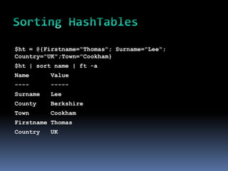 $ht = @{Firstname=“Thomas"; Surname="Lee";
Country="UK";Town="Cookham}
$ht | sort name | ft -a
Name      Value
----      -----
Surname   Lee
County    Berkshire
Town      Cookham
Firstname Thomas
Country   UK
 