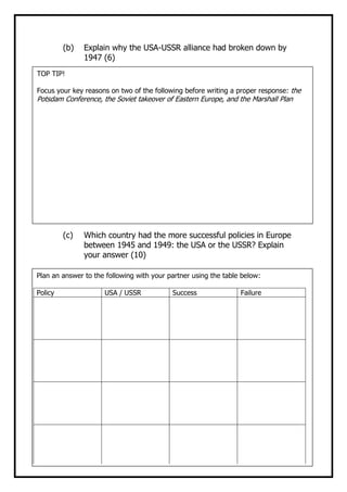 (b)   Explain why the USA-USSR alliance had broken down by
               1947 (6)
TOP TIP!

Focus your key reasons on two of the following before writing a proper response: the
Potsdam Conference, the Soviet takeover of Eastern Europe, and the Marshall Plan




         (c)   Which country had the more successful policies in Europe
               between 1945 and 1949: the USA or the USSR? Explain
               your answer (10)

Plan an answer to the following with your partner using the table below:

Policy               USA / USSR            Success               Failure
 