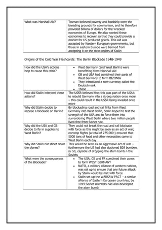 What was Marshall Aid?           Truman believed poverty and hardship were the
                                 breeding grounds for communism, and he therefore
                                 provided billions of dollars for the wrecked
                                 economies of Europe. He also wanted these
                                 economies to recover so that they could provide a
                                 market for US produced goods. This aid was
                                 accepted by Western European governments, but
                                 those in eastern Europe were banned from
                                 accepting it on the strict orders of Stalin

Origins of the Cold War Flashcards: The Berlin Blockade 1948-1949

How did the USA’s actions                West Germany (and West Berlin) were
help to cause this crisis?               benefitting from Marshall Aid
                                         GB and USA had combined their parts of
                                         West Germany to form BIZONIA
                                         They introduced a new currency called the
                                         Deutschmark
                                         These
How did Stalin interpret these   The USSR believed that this was part of the USA’s
actions?                         to rebuild Germany into a strong nation once more
                                 – this could result in the USSR being invaded once
                                 more
Why did Stalin decide to         By blockading road and rail links from West
impose a blockade on Berlin?     Germany into West Berlin, Stalin hoped to test the
                                 strength of the USA and to force them into
                                 surrendering West Berlin where two million people
                                 lived free from Soviet rule
Why did the USA and GB           They could not break the road and rail blockade
decide to fly in supplies to     with force as this might be seen as an act of war;
West Berlin?                     nonstop flights (a total of 275,000!) ensured that
                                 5000 tons of food and other necessities came to
                                 West Berlin each day
Why did Stalin not shoot down    This would be seen as an aggressive act of war –
the planes?                      furthermore the US had also stationed B29 bombers
                                 in GB, capable of dropping the atom bomb n the
                                 Soviets
What were the consequences               The USA, GB and FR combined their zones
of the Blockade?                         to form WEST GERMANY
                                         NATO, a military alliance of western nations,
                                         was set up to ensure that any future attack
                                         by Stalin would be met with force
                                         Stalin set up the WARSAW PACT – a similar
                                         alliance of Eastern European countries; by
                                         1949 Soviet scientists had also developed
                                         the atom bomb
 