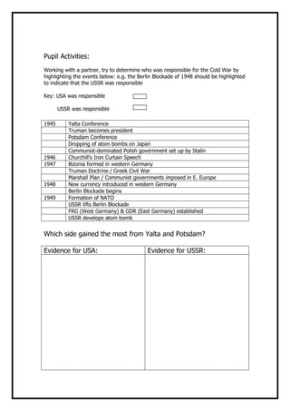 Pupil Activities:
Working with a partner, try to determine who was responsible for the Cold War by
highlighting the events below: e.g. the Berlin Blockade of 1948 should be highlighted
to indicate that the USSR was responsible

Key: USA was responsible

       USSR was responsible

1945       Yalta Conference
           Truman becomes president
           Potsdam Conference
           Dropping of atom bombs on Japan
           Communist-dominated Polish government set up by Stalin
1946       Churchill’s Iron Curtain Speech
1947       Bizonia formed in western Germany
           Truman Doctrine / Greek Civil War
           Marshall Plan / Communist governments imposed in E. Europe
1948       New currency introduced in western Germany
           Berlin Blockade begins
1949       Formation of NATO
           USSR lifts Berlin Blockade
           FRG (West Germany) & GDR (East Germany) established
           USSR develops atom bomb


Which side gained the most from Yalta and Potsdam?

Evidence for USA:                          Evidence for USSR:
 
