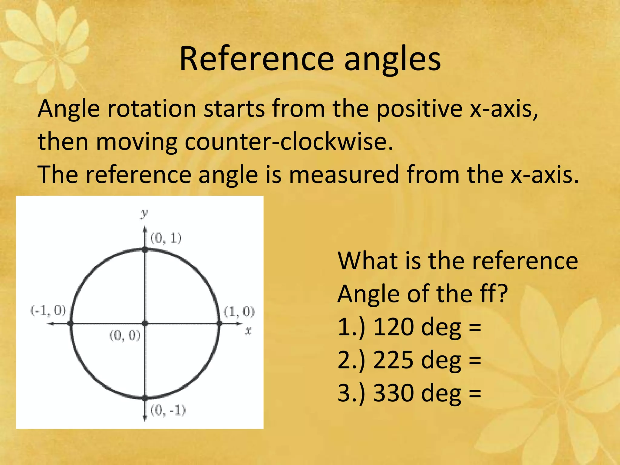 Reference anglesAngle rotation starts from the positive x-axis, then moving counter-clockwise.The reference angle is measured from the x-axis.What is the reference Angle of the ff?1.) 120 deg =2.) 225 deg =3.) 330 deg =