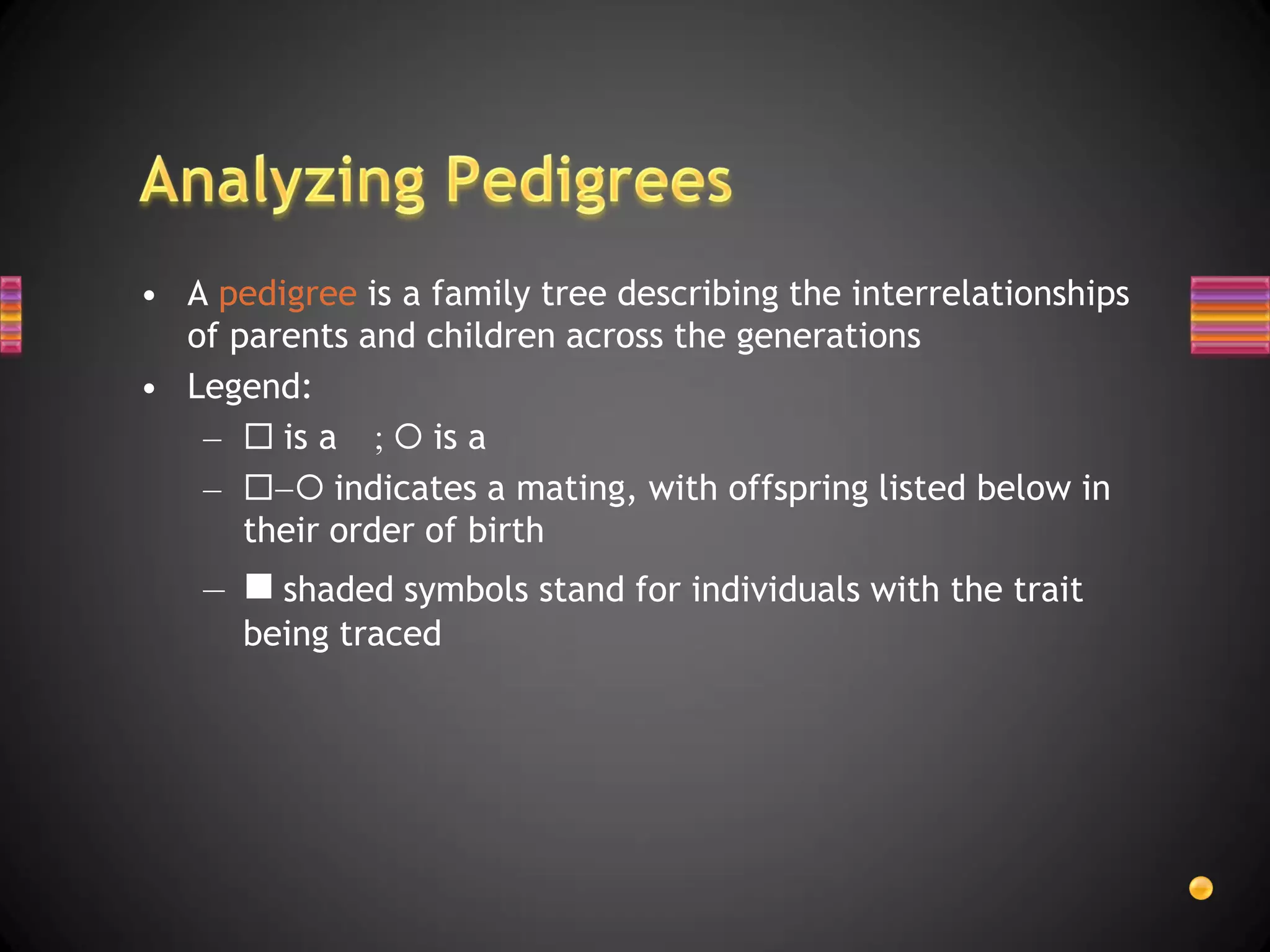 • A pedigree is a family tree describing the interrelationships
  of parents and children across the generations
• Legend:
   –  is a ;  is a
   –   indicates a mating, with offspring listed below in
      their order of birth
    –  shaded symbols stand for individuals with the trait
      being traced
 