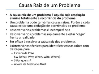 Causa Raiz de um Problema A causa raiz de um problema é aquela cuja resolução elimina totalmente a recorrência do problema Um problema pode ter várias causas raízes. Porém a cada causa existe uma redução de ocorrências do problema Resolver vários problemas é incompetência Resolver vários problemas rapidamente é estar “cego” frente a realidade Ser eficaz é resolver a causa raiz dos problemas  Existem várias técnicas para identificar causas raízes com destaque para : Espinha de Peixe 5W (What, Why, When, Who, Where)  3 Por que (s)? Arvore da Realidade Atual 