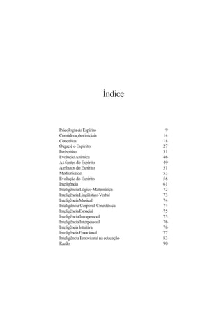 Índice

Psicologia do Espírito
Considerações iniciais
Conceitos
O que é o Espírito
Perispírito
Evolução Anímica
As fontes do Espírito
Atributos do Espírito
Mediunidade
Evolução do Espírito
Inteligência
Inteligência Lógico-Matemática
Inteligência Lingüístico-Verbal
Inteligência Musical
Inteligência Corporal-Cinestésica
Inteligência Espacial
Inteligência Intrapessoal
Inteligência Interpessoal
Inteligência Intuitiva
Inteligência Emocional
Inteligência Emocional na educação
Razão

9
14
18
27
31
46
49
51
53
56
61
72
73
74
74
75
75
76
76
77
83
90

 