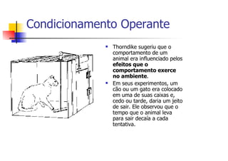 Condicionamento Operante
              Thorndike sugeriu que o
              comportamento de um
              animal era influenciado pelos
              efeitos que o
              comportamento exerce
              no ambiente.
              Em seus experimentos, um
              cão ou um gato era colocado
              em uma de suas caixas e,
              cedo ou tarde, daria um jeito
              de sair. Ele observou que o
              tempo que o animal leva
              para sair decaía a cada
              tentativa.
 