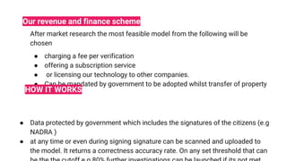 After market research the most feasible model from the following will be
chosen
● charging a fee per verification
● offering a subscription service
● or licensing our technology to other companies.
● Can be mandated by government to be adopted whilst transfer of property
● Data protected by government which includes the signatures of the citizens (e.g
NADRA )
● at any time or even during signing signature can be scanned and uploaded to
the model. It returns a correctness accuracy rate. On any set threshold that can
Our revenue and finance scheme
HOW IT WORKS
 