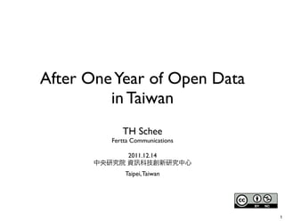 After One Year of Open Data
         in Taiwan
            TH Schee
         Fertta Communications

              2011.12.14

             Taipei, Taiwan




                                 1
 