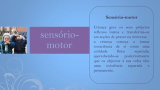 sensório-
motor
Sensório-motor
Criança gere os seus próprios
reflexos inatos e transforma-os
em acções de prazer ou interesse.
a criança começa a tomar
consciência de si como uma
entidade física separada,
apercebendo-se posteriormente
que os objectos à sua volta têm
uma existência separada e
permanente.
 