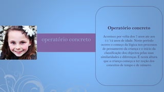 operatório concreto
Operatório concreto
Acontece por volta dos 7 anos ate aos
11/12 anos de idade. Neste período
ocorre o começo da lógica nos processos
de pensamento da criança e o inicio da
classificação dos objectos pelas suas
similaridades e diferenças. É nesta altura
que a criança começa a ter noção dos
conceitos de tempo e de número.
 