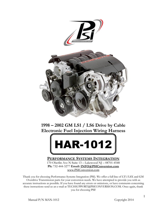 Manual Wiring Harness 1998 2002 GM LS1 / LS6 Drive by Cable