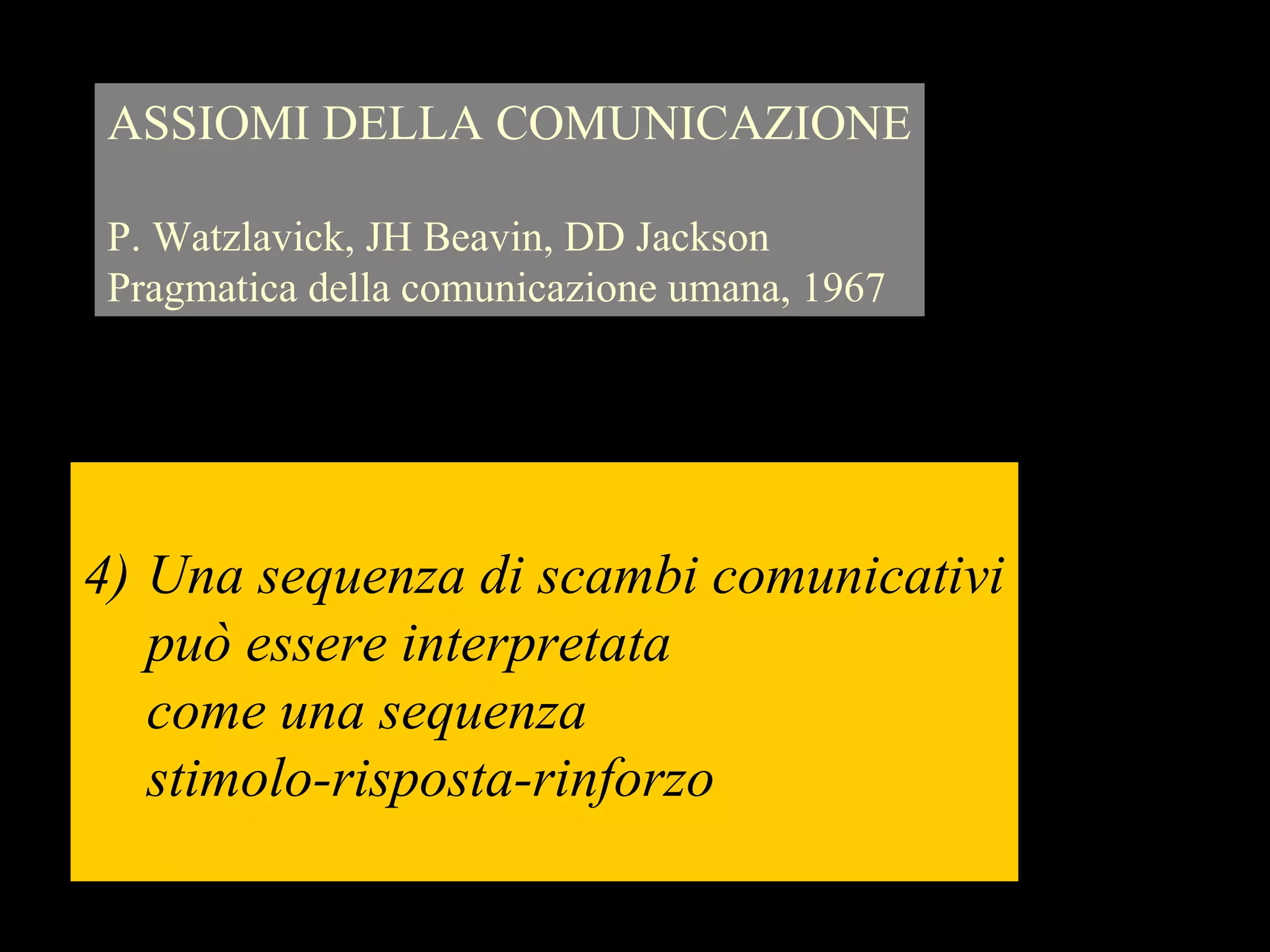 4) Una sequenza di scambi comunicativi
può essere interpretata
come una sequenza
stimolo-risposta-rinforzo
ASSIOMI DELLA COMUNICAZIONE
P. Watzlavick, JH Beavin, DD Jackson
Pragmatica della comunicazione umana, 1967
 