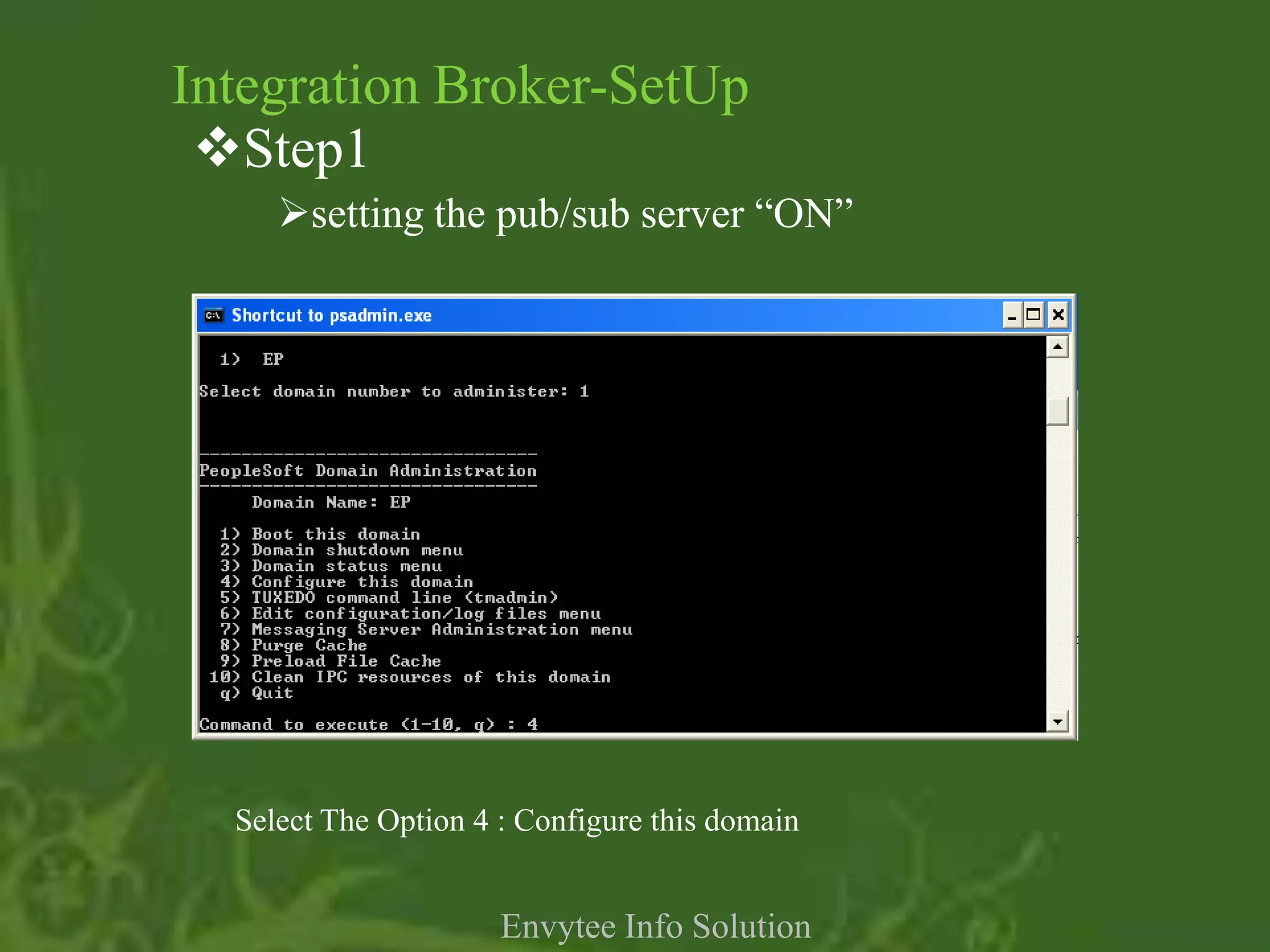 Integration Broker-SetUp
 Step1
     setting the pub/sub server “ON”




  Select The Option 4 : Configure this domain


                      Envytee Info Solution
 