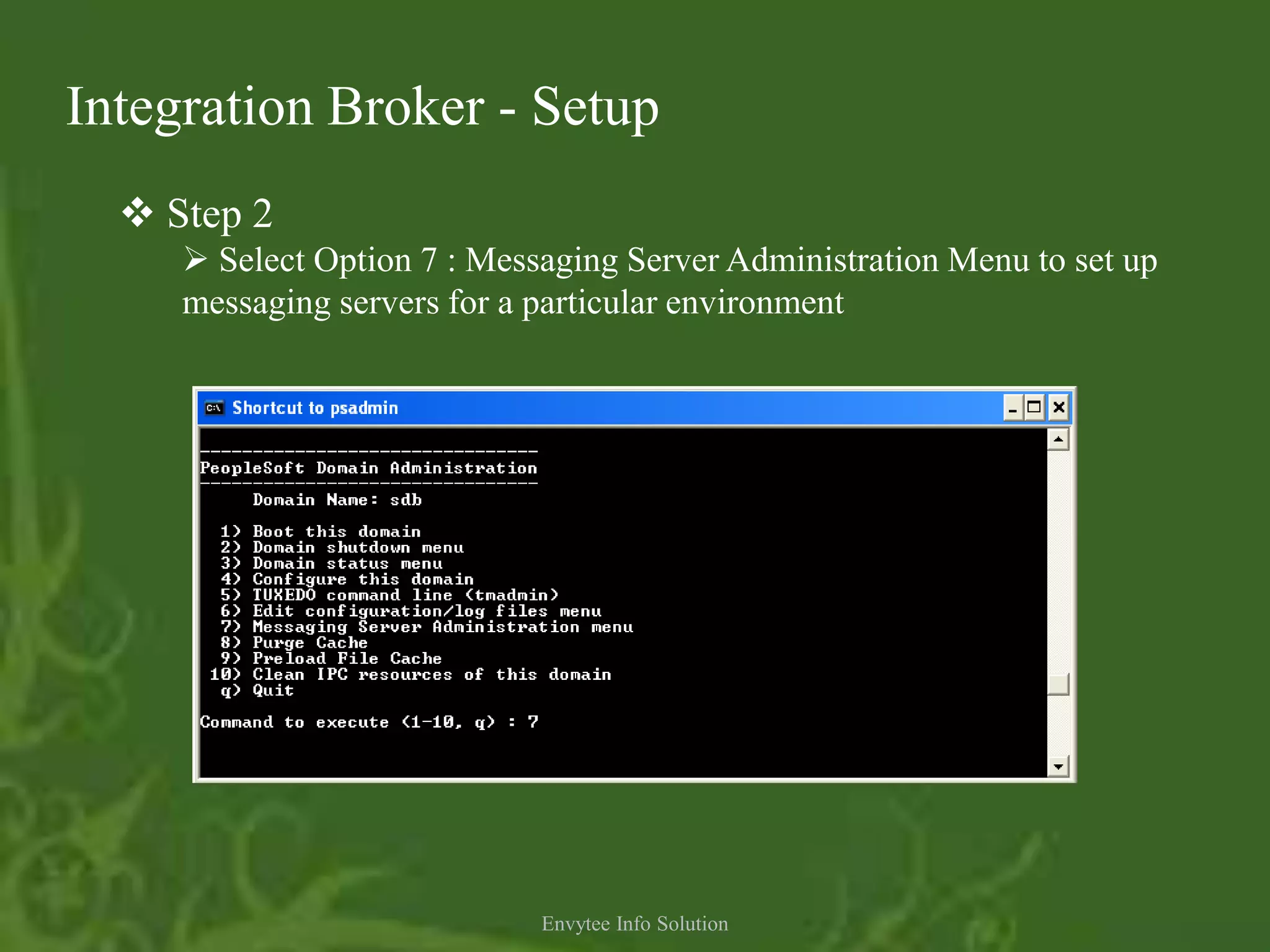 Integration Broker - Setup
   Step 2
      Select Option 7 : Messaging Server Administration Menu to set up
     messaging servers for a particular environment




                             Envytee Info Solution
 