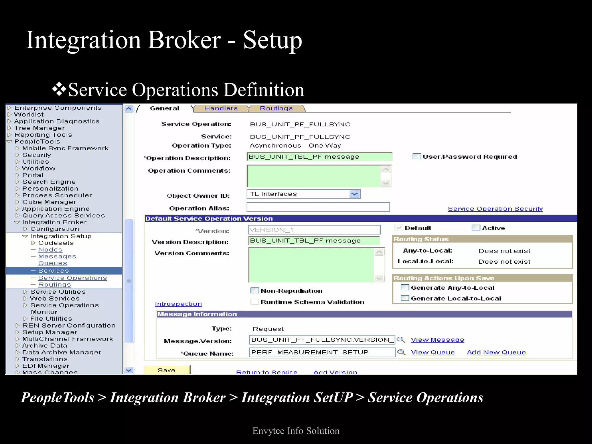 Integration Broker - Setup
    Service Operations Definition




PeopleTools > Integration Broker > Integration SetUP > Service Operations

                                    Envytee Info Solution
 