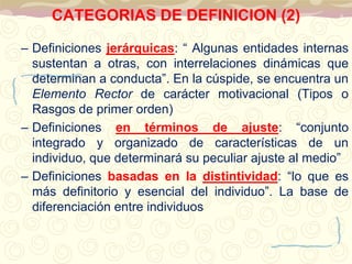 CATEGORIAS DE DEFINICION (2) 
– Definiciones jerárquicas: “ Algunas entidades internas 
sustentan a otras, con interrelaciones dinámicas que 
determinan a conducta”. En la cúspide, se encuentra un 
Elemento Rector de carácter motivacional (Tipos o 
Rasgos de primer orden) 
– Definiciones en términos de ajuste: “conjunto 
integrado y organizado de características de un 
individuo, que determinará su peculiar ajuste al medio” 
– Definiciones basadas en la distintividad: “lo que es 
más definitorio y esencial del individuo”. La base de 
diferenciación entre individuos 
 