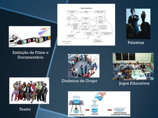 Exibição de Filme e 
Documentário 
Palestras 
Jogos Educativos 
Teatro 
Dinâmica de Grupo 
 